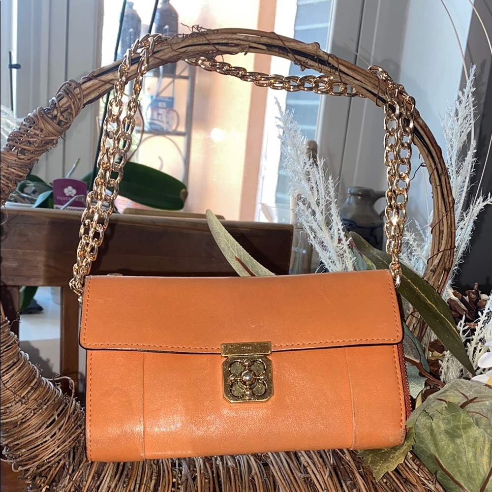 Chloe Orange Leather long wallet /Clutch with turn lock and unbranded chain